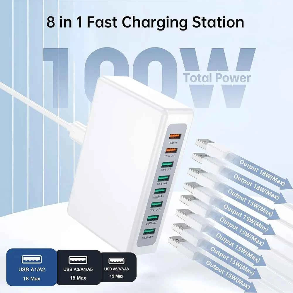 USB Charger Block 100w | 8 Port USB | Fast charge