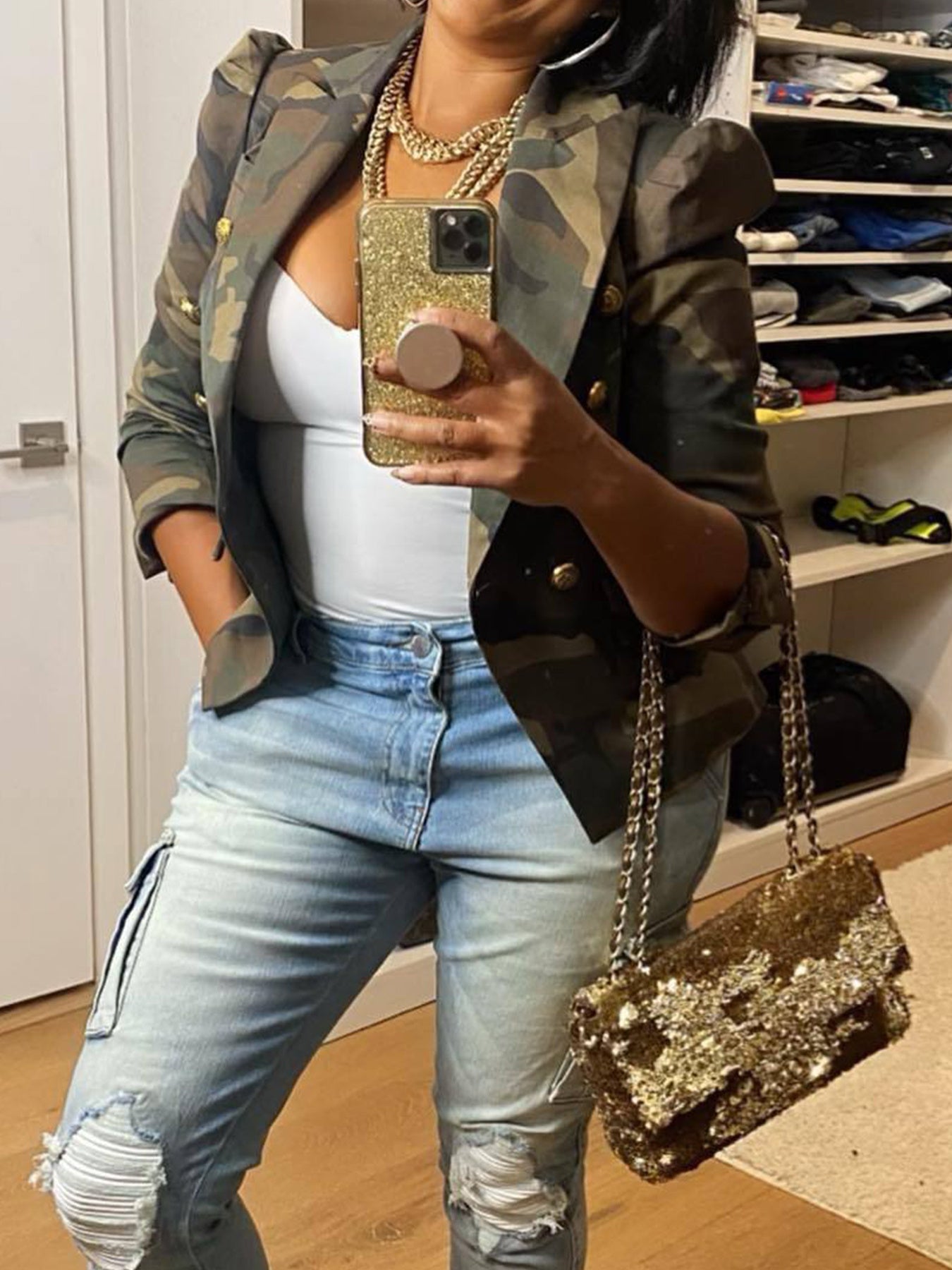 Elegant Women's Camo Print Jacket - Chic Double-Breasted