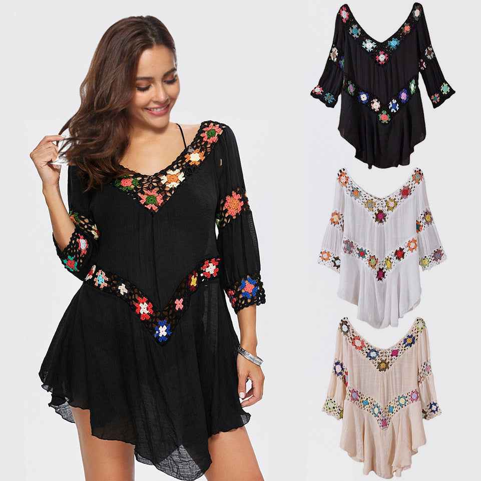 HOT Hollow Out Hand Crocheting Flower Bikini Loose Beach Cover-up