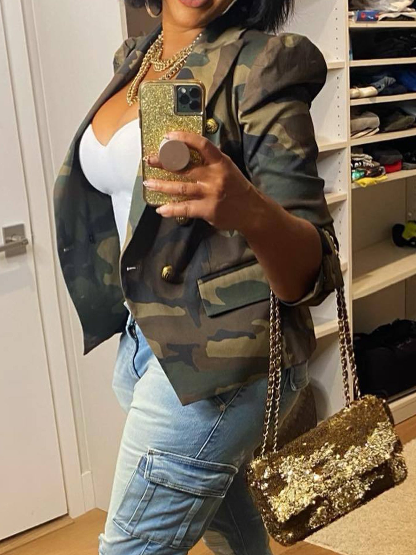 Elegant Women's Camo Print Jacket - Chic Double-Breasted